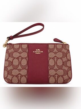 Coach Signature Stripe Wristlet Burgundy Jacquard Leather Gold Hardware